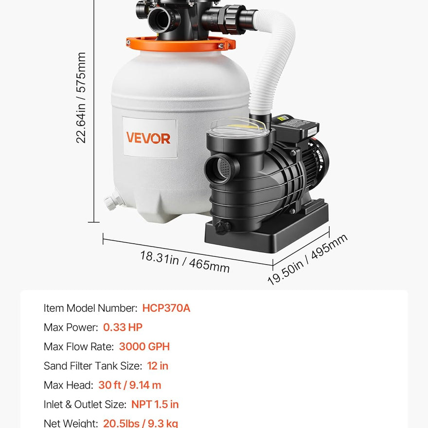 VEVOR 12 in Sand Filter Pump for Above Ground Pool, 0.33 HP 3000 GPH, Swimming Pool Sand Filter Pump with Pre-Assembled Core & Leak-Resistant Design, 6-Way Valve, High-Efficiency Filtration for Pools