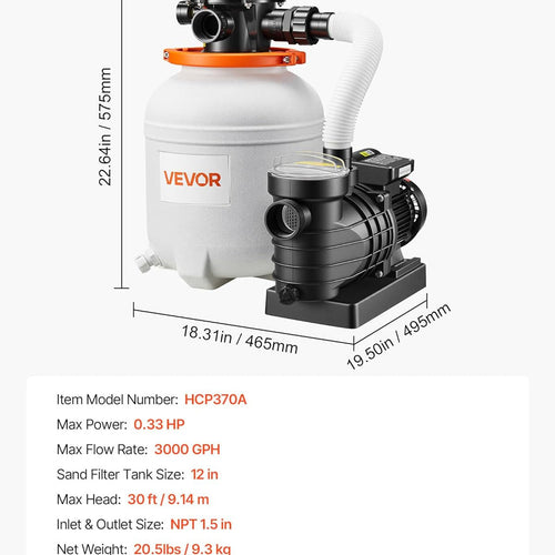 VEVOR 12 in Sand Filter Pump for Above Ground Pool, 0.33 HP 3000 GPH, Swimming Pool Sand Filter Pump with Pre-Assembled Core & Leak-Resistant Design, 6-Way Valve, High-Efficiency Filtration for Pools