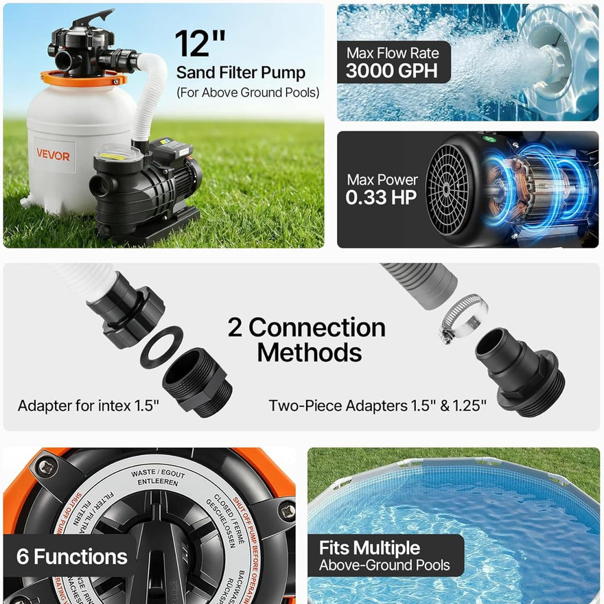 VEVOR 12 in Sand Filter Pump for Above Ground Pool, 0.33 HP 3000 GPH, Swimming Pool Sand Filter Pump with Pre-Assembled Core & Leak-Resistant Design, 6-Way Valve, High-Efficiency Filtration for Pools